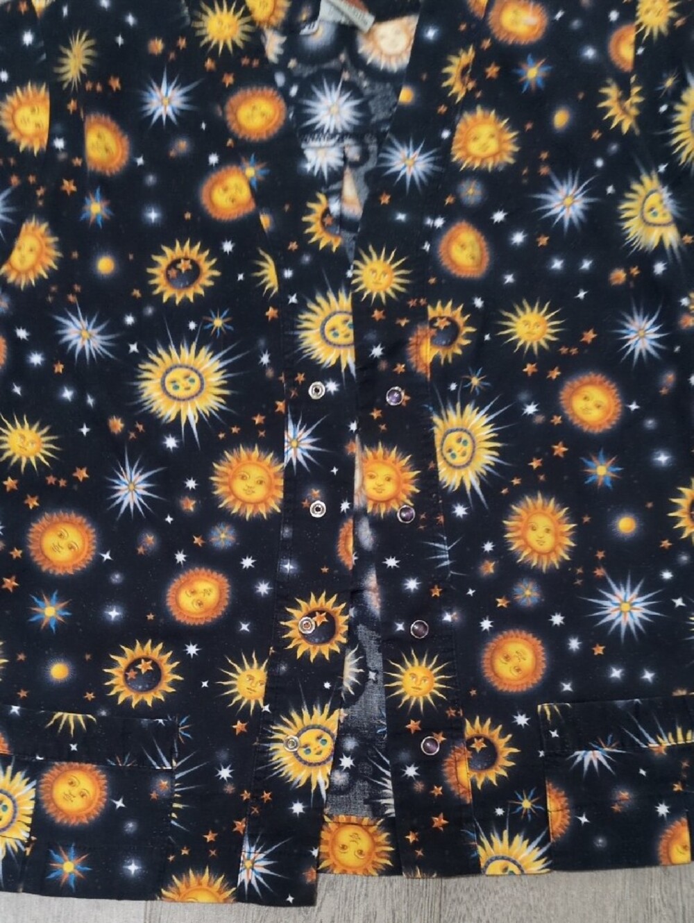 Nurse Scrub Short Sleeve Jacket  Sun & Stars Button-Up Shirt - Black/Yellow - Picture 2 of 7